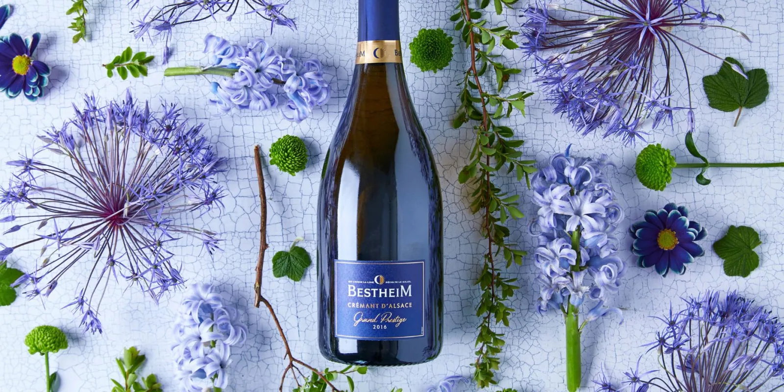 Bouteille de Crémant d’Alsace Bestheim Grand Prestige posée parmi des fleurs bleues et mauves