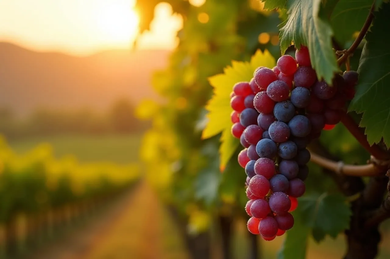 Grappe de raisin gris rosé sur pied de vigne au coucher du soleil