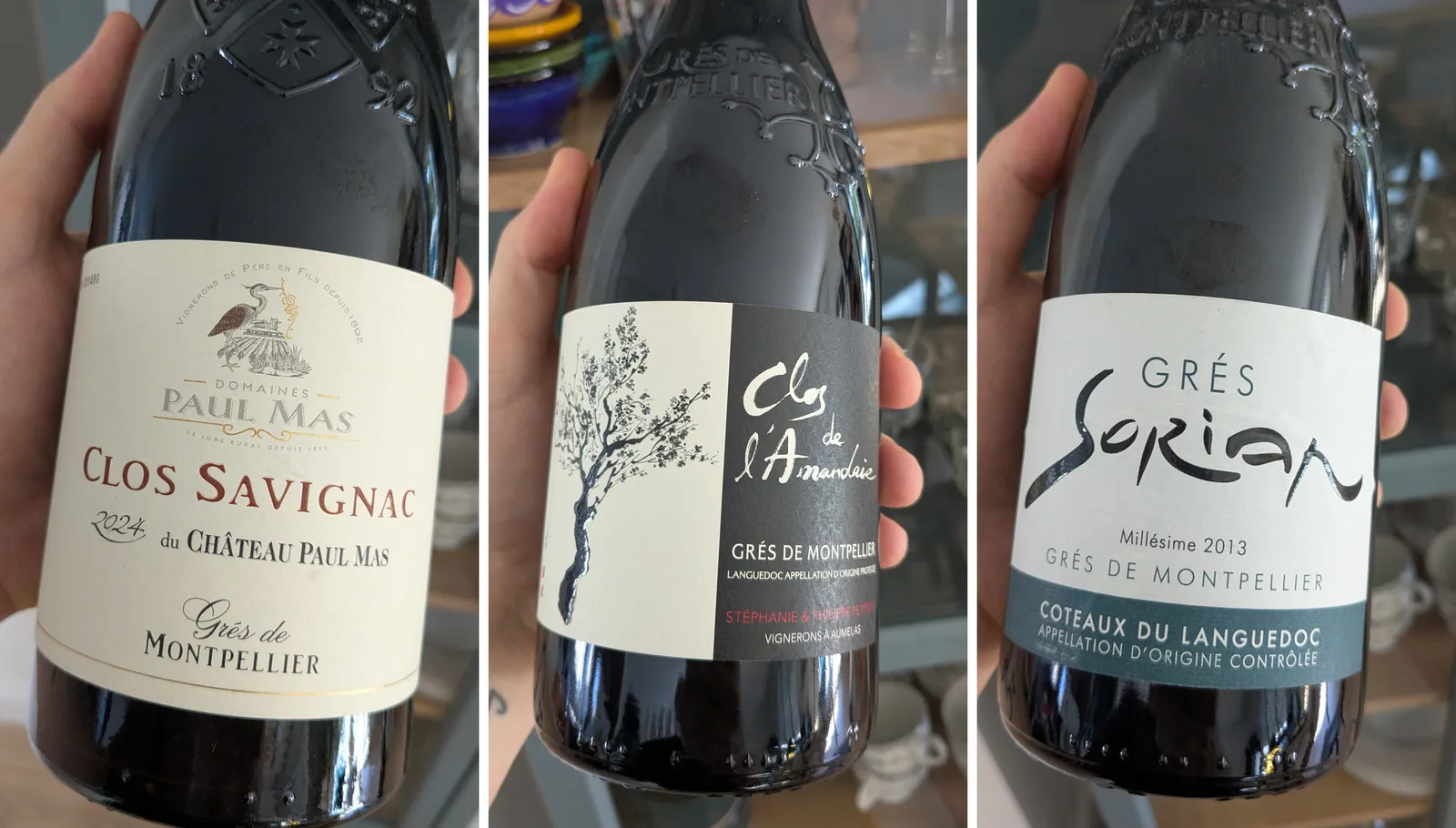 Bouteilles de Clos Savignac 2024, Clos de l’Amandaie et Grés Sorian 2013, trois rouges des Grés de Montpellier