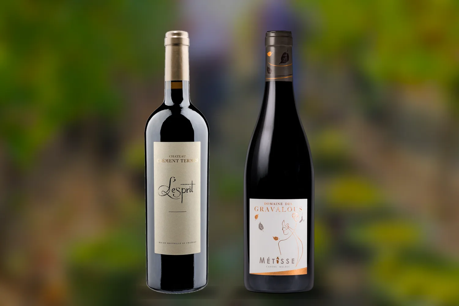 Les bouteilles de L’Esprit 2020 du Château Clément Termes (Gaillac) et de Métisse 2022 du Domaine des Gravalous (Cahors)
